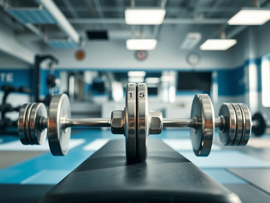 Flick International Close-up of a 135-pound barbell on a gym bench with weights clearly marked
