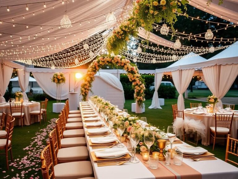 Flick International A beautifully decorated outdoor wedding reception scene with lush floral arrangements and fairy lights