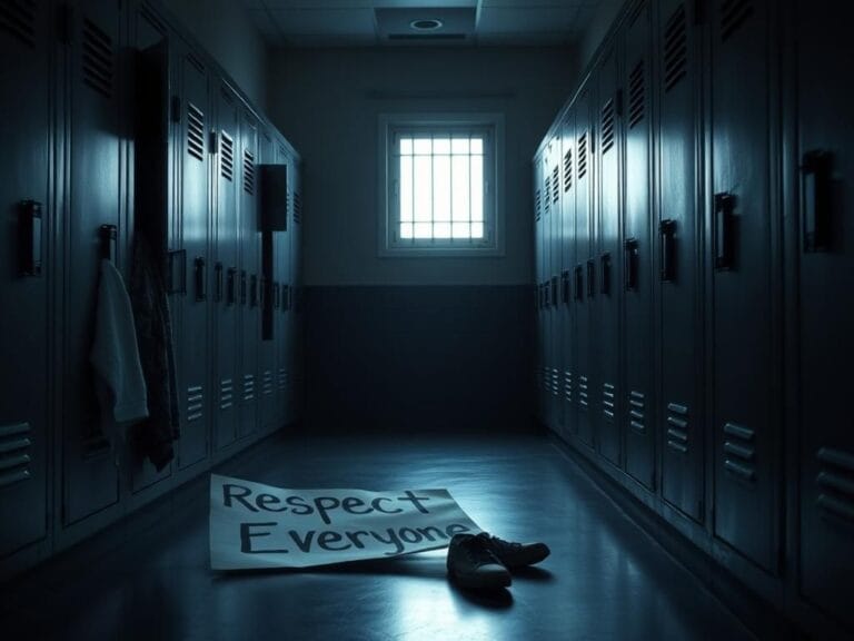 Flick International Dimly lit high school locker room with empty lockers and personal items left behind