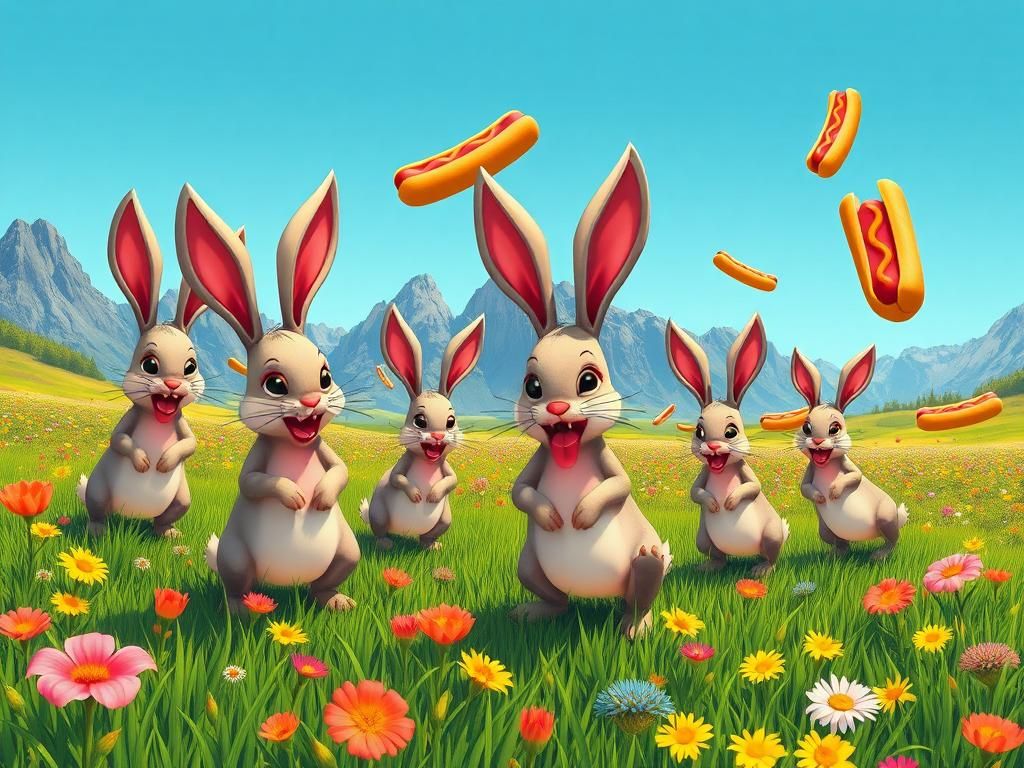 Flick International Cartoonish rabbits with grotesque horn-like growths frolicking in a colorful meadow