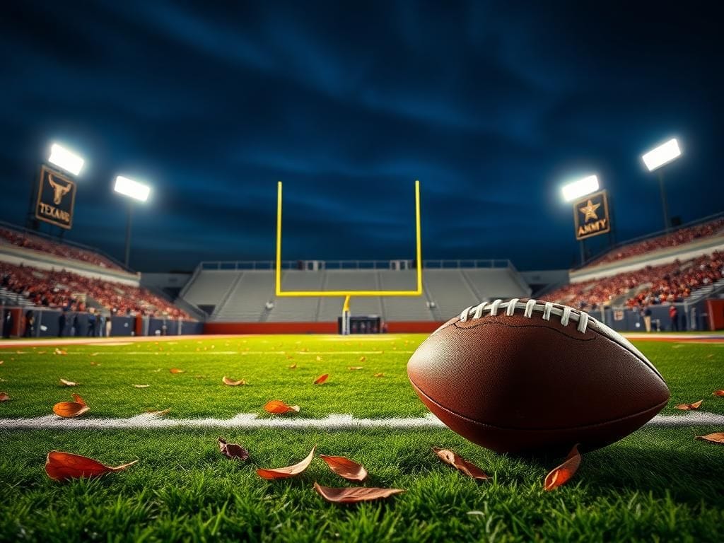 Flick International Football stadium during double overtime with illuminated field and autumn leaves