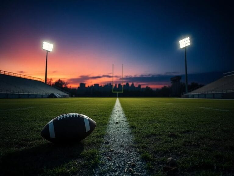 Flick International Dramatic empty football field at dusk with stadium lights and a discarded football symbolizing a new chapter.