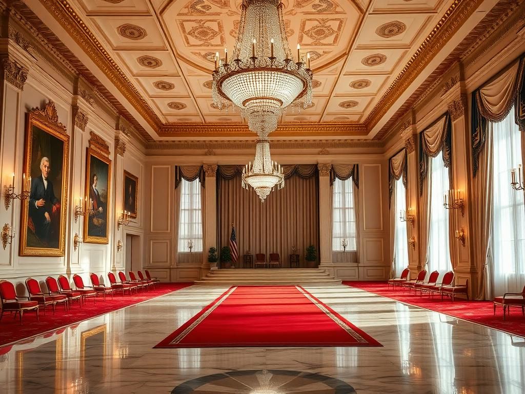 Flick International Opulent White House ballroom showcasing ornate chandeliers and rich decor