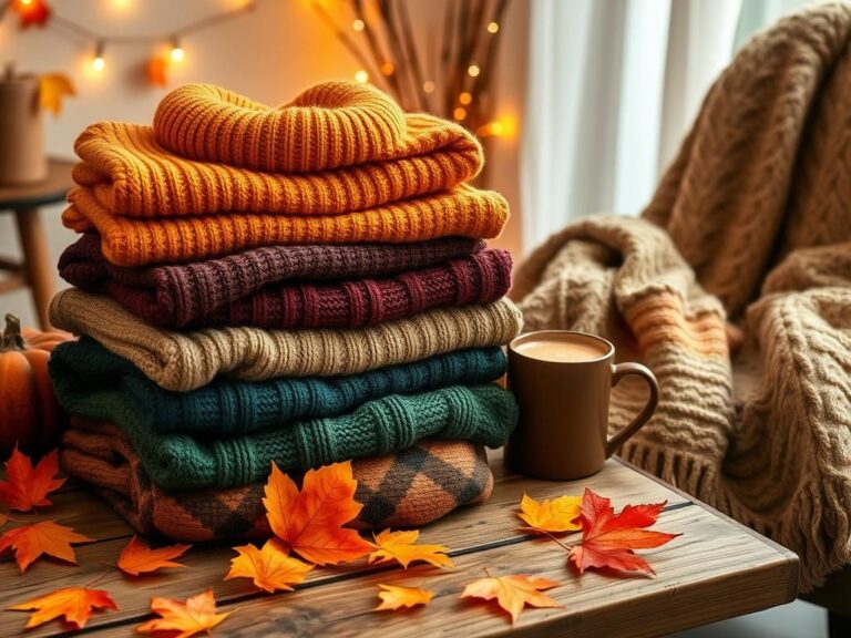 Flick International Cozy fall cardigans and sweaters on a rustic wooden table with a pumpkin spice latte and autumn leaves