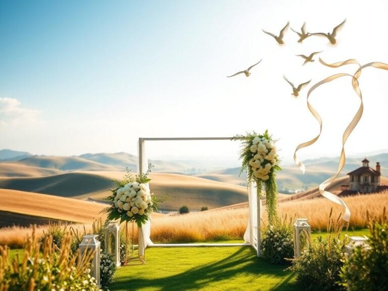 Flick International A serene wedding altar adorned with white flowers and greenery under a bright blue sky