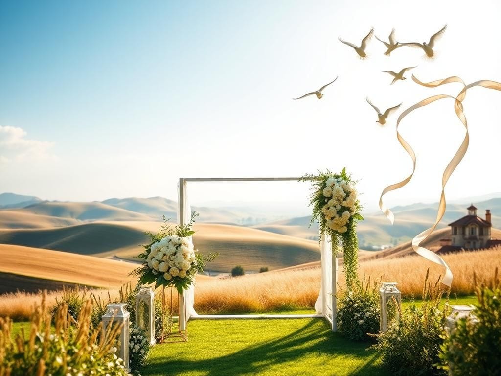 Flick International A serene wedding altar adorned with white flowers and greenery under a bright blue sky