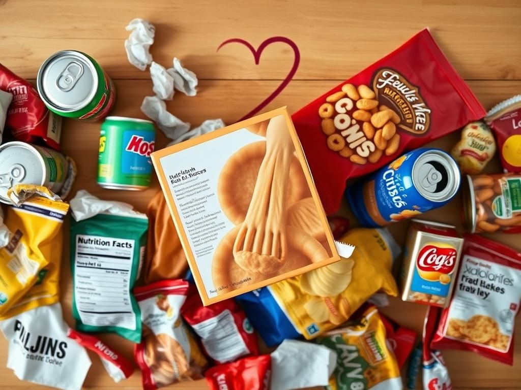 Flick International A cluttered kitchen table filled with unhealthy food items like diet soda, frozen meals, and potato chips