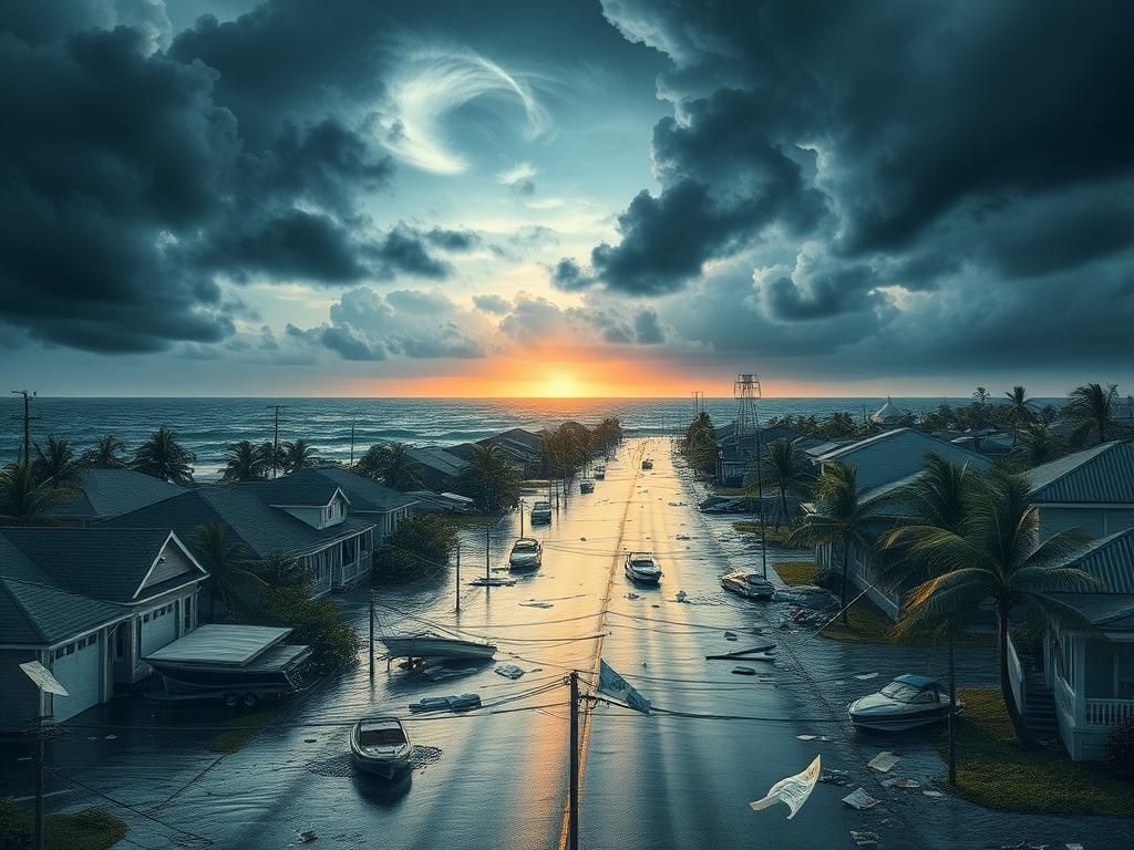 Flick International A flooded street depicting the aftermath of a powerful hurricane with waterlogged houses and debris