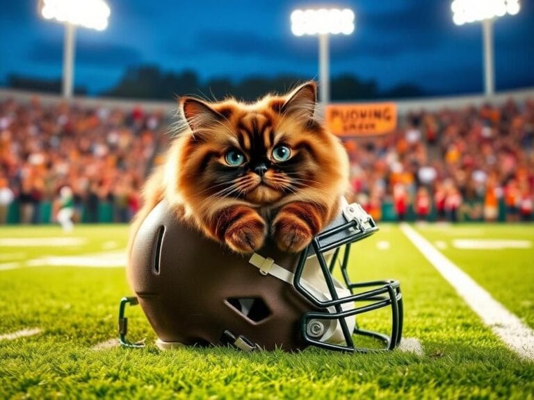 Flick International Pudge The Cat lounging on a plush football helmet in a vibrant stadium