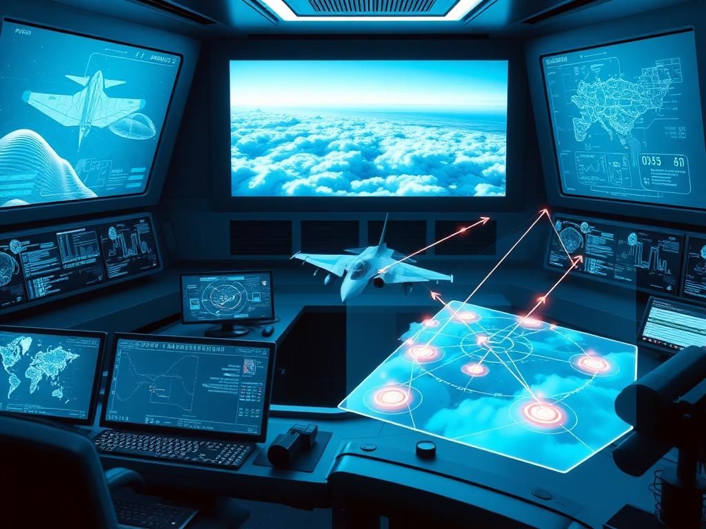 Flick International A futuristic control room showcasing AI-guided aerial combat simulations with high-tech screens and holographic fighter jets.