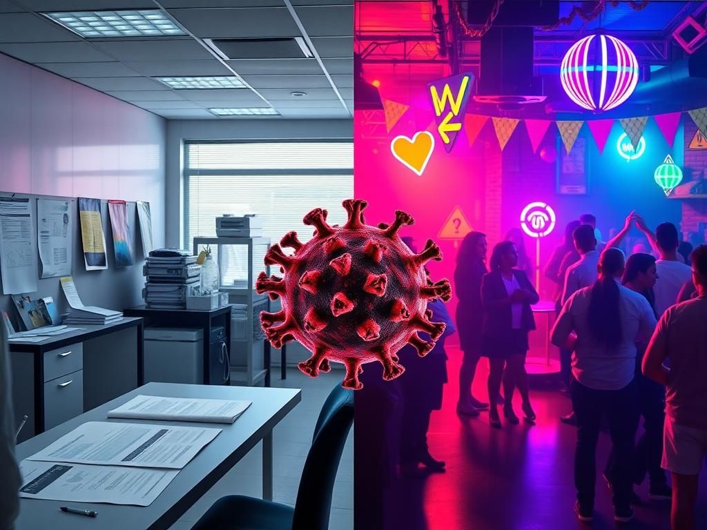 Flick International A stark contrast between a sterile public health office and a vibrant LGBTQ+ club scene, symbolizing the tension in monkeypox response.