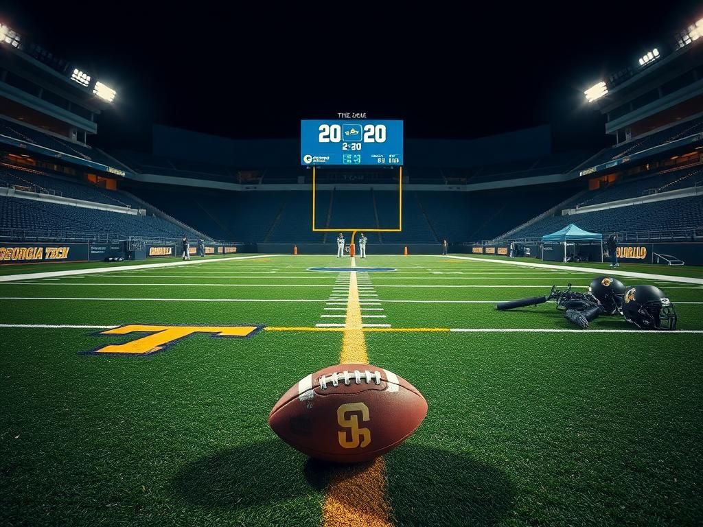 Flick International Empty college football field at night with Georgia Tech and Colorado logos, damaged football on the ground