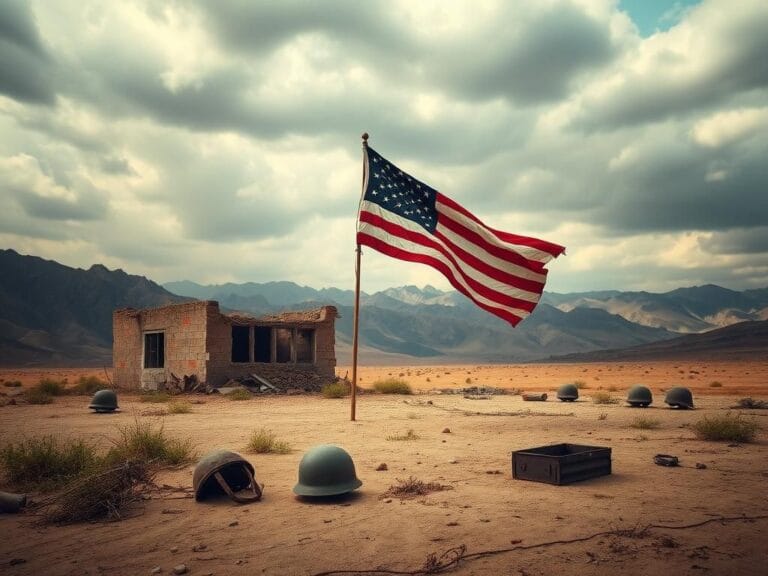 Flick International Abandoned military outpost in Afghanistan with tattered American flag
