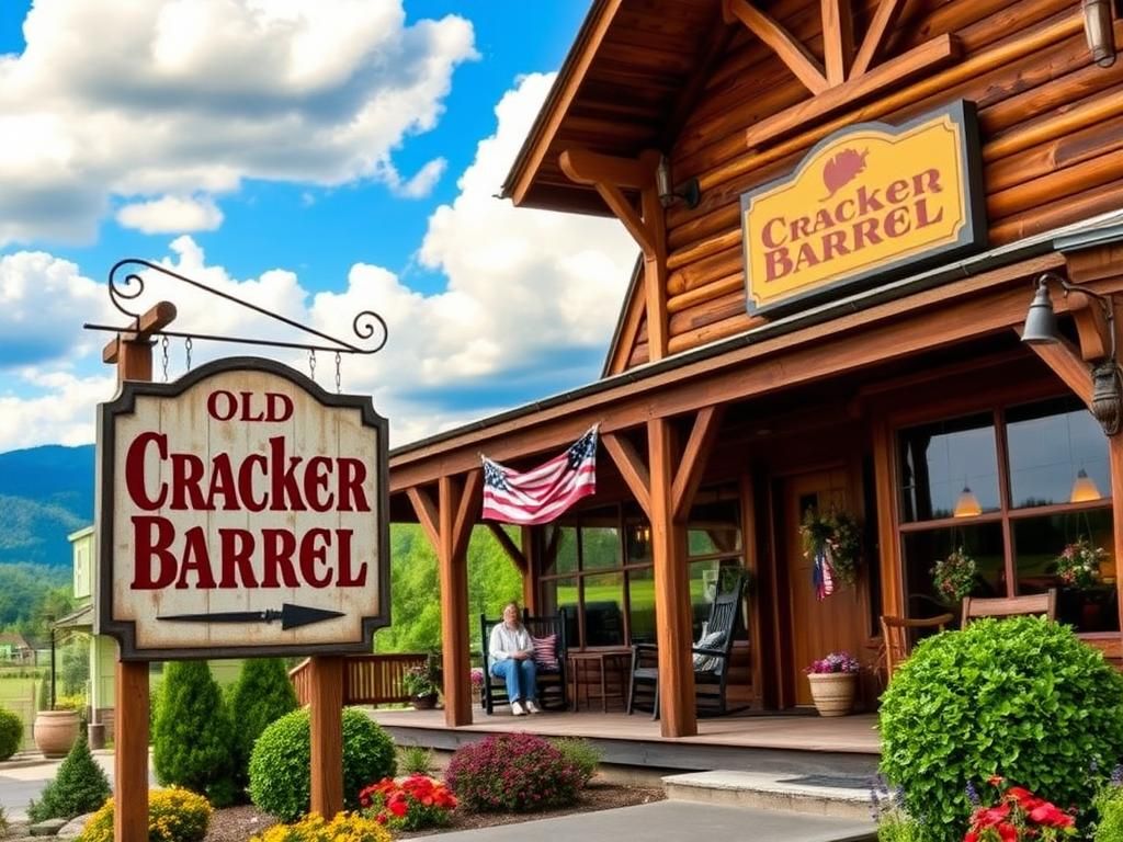 Flick International Rustic Cracker Barrel restaurant exterior with vintage Americana decorations