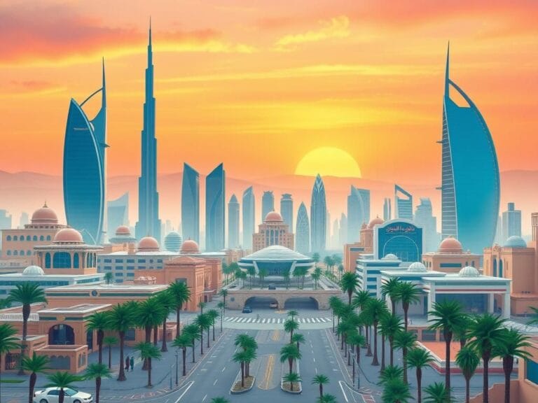 Flick International A panoramic view of modern Saudi Arabia featuring a blend of traditional and contemporary architecture