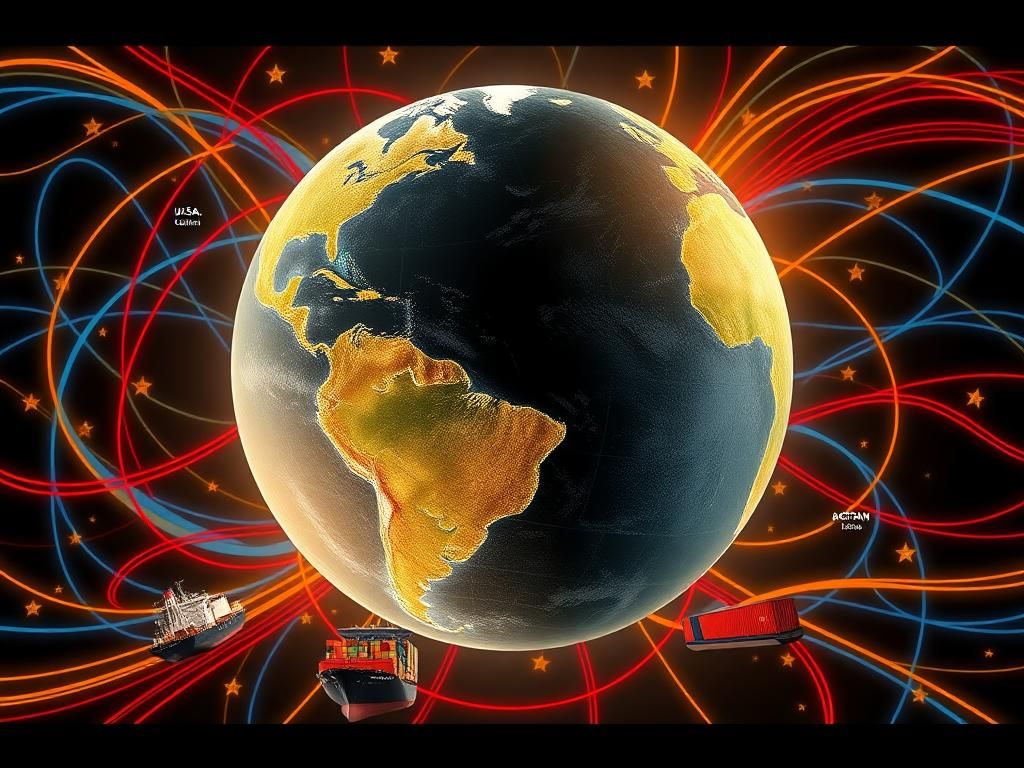 Flick International A large, stylized globe depicting global trade relationships with highlighted countries and colorful trade routes.