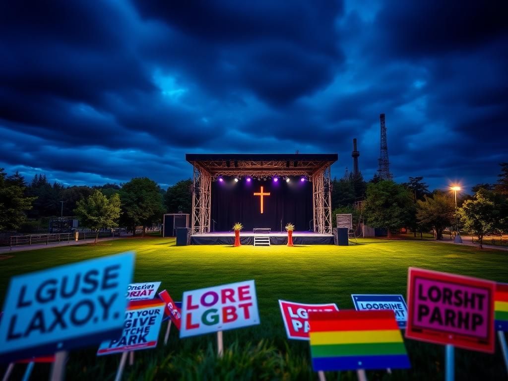 Flick International Elevated view of Gas Works Park in Seattle with empty worship stage and protest signs
