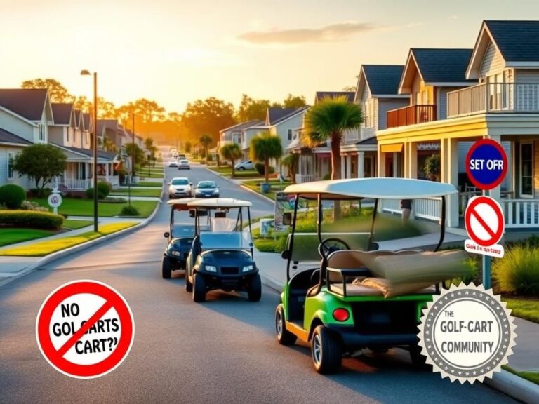 Flick International A vibrant neighborhood scene with colorful golf carts among charming houses