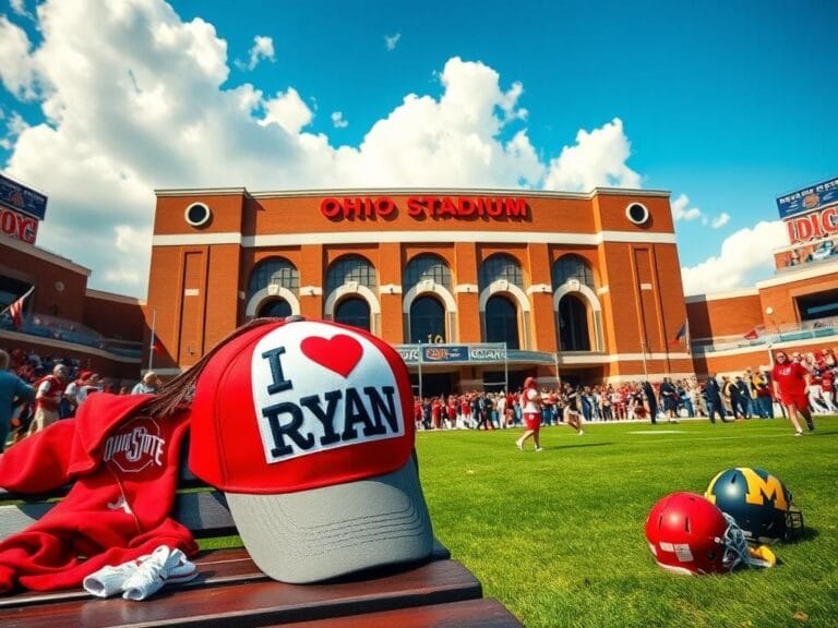 Flick International Oversized 'I Love Ryan Day' hat humorously placed on a bench outside Ohio Stadium