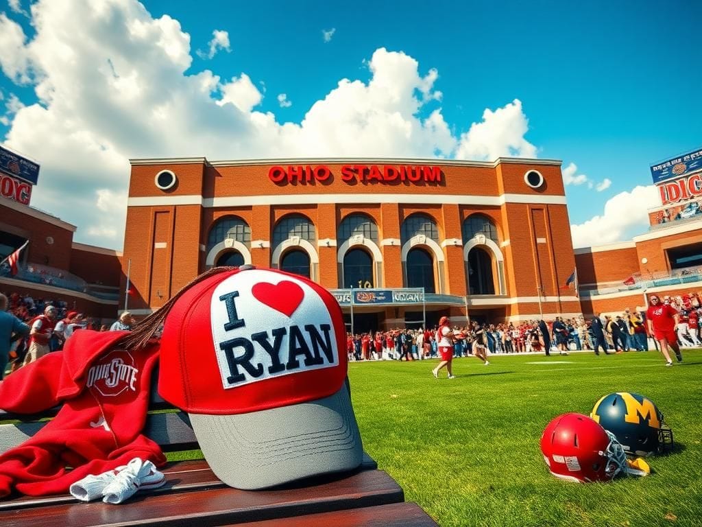 Flick International Oversized 'I Love Ryan Day' hat humorously placed on a bench outside Ohio Stadium