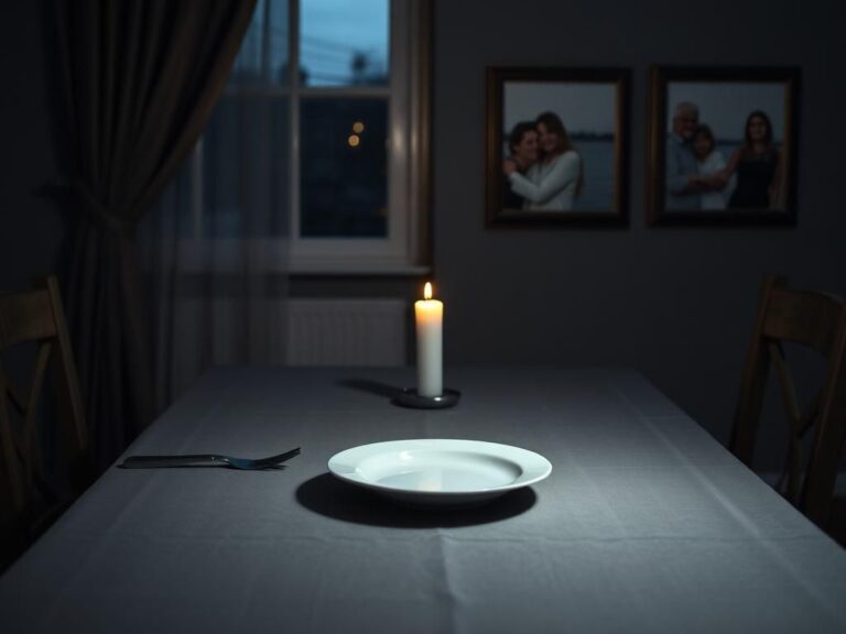 Flick International Empty dinner table set for four, symbolizing loss and absence