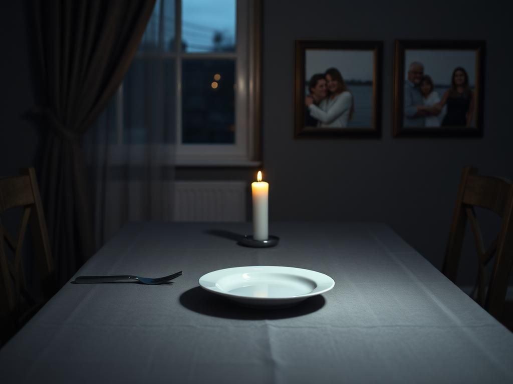 Flick International Empty dinner table set for four, symbolizing loss and absence