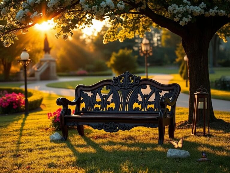 Flick International Serene park setting at golden hour with a Victorian-style love seat under a flowering tree