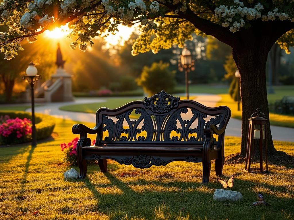 Flick International Serene park setting at golden hour with a Victorian-style love seat under a flowering tree