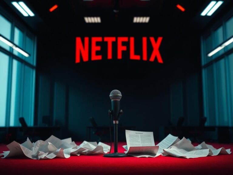 Flick International Abstract representation of a comedy microphone standing alone on a stage with a shadowy Netflix logo in the background