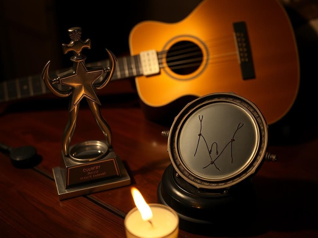 Flick International Close-up of a vintage country music award trophy and a silver guitar in a dimly lit setting.