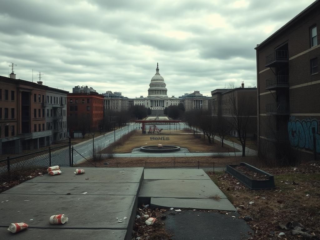 Flick International Urban landscape of Washington D.C. showcasing abandoned buildings and litter-strewn streets.