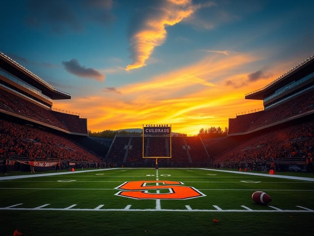 Flick International Twilight scene of an empty football field showcasing the Colorado Buffaloes' logo