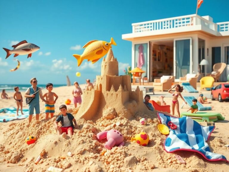 Flick International A vibrant beach scene depicting a chaotic sandcastle representing a crumbling marriage.