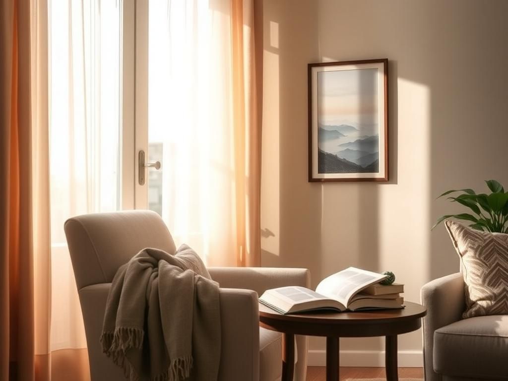 Flick International A serene living room staged with an armchair and open book, reflecting a moment of tranquility.
