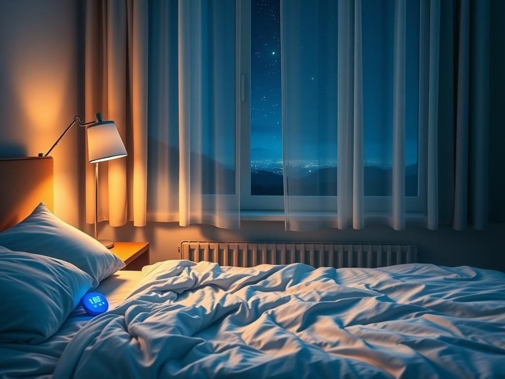 Flick International Serene bedroom setting with a bedside lamp and rumpled sheets indicating a recent night's sleep