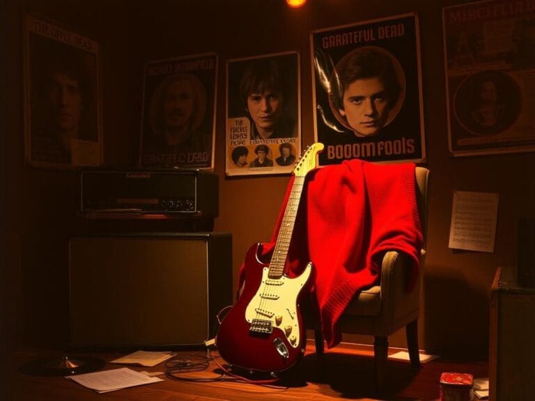 Flick International Intimate vintage backstage setting of a 1960s rock concert with a classic electric guitar and red sweater hinting at Jerry Garcia's presence