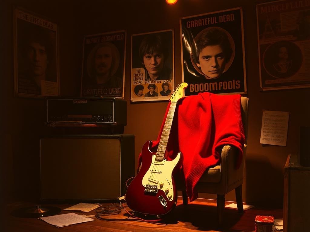 Flick International Intimate vintage backstage setting of a 1960s rock concert with a classic electric guitar and red sweater hinting at Jerry Garcia's presence