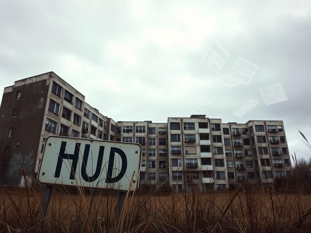 Flick International A stark public housing complex under grey skies symbolizing scrutiny and neglect.