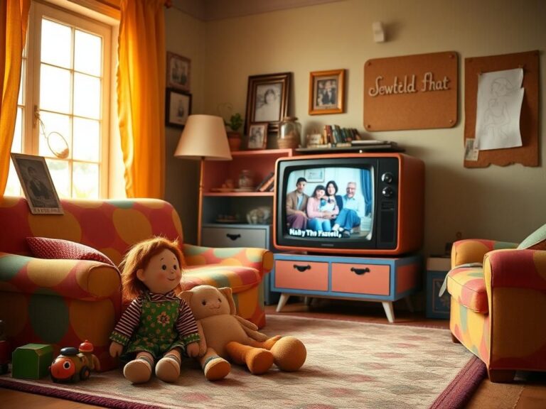 Flick International Vintage living room showcasing playful childhood toys and nostalgic decor