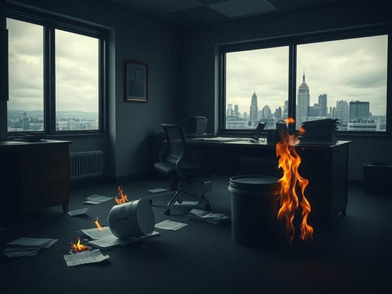 Flick International A dimly lit office with a cluttered desk and a spilled gasoline bucket, symbolizing aftermath of gasoline attack