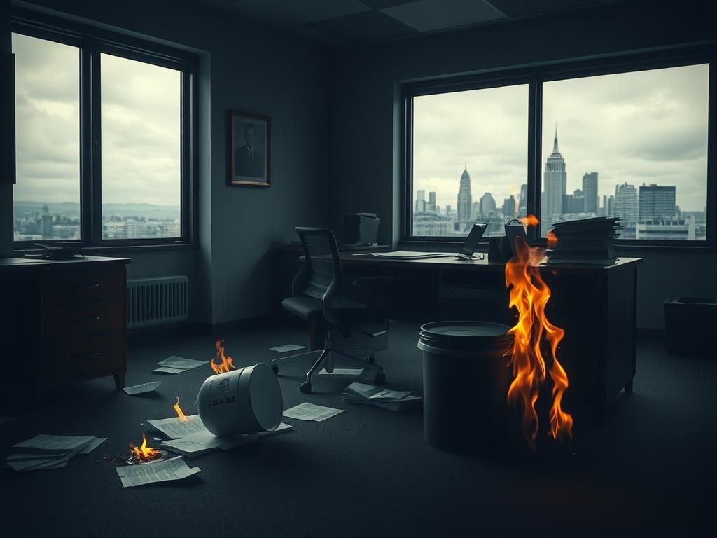 Flick International A dimly lit office with a cluttered desk and a spilled gasoline bucket, symbolizing aftermath of gasoline attack
