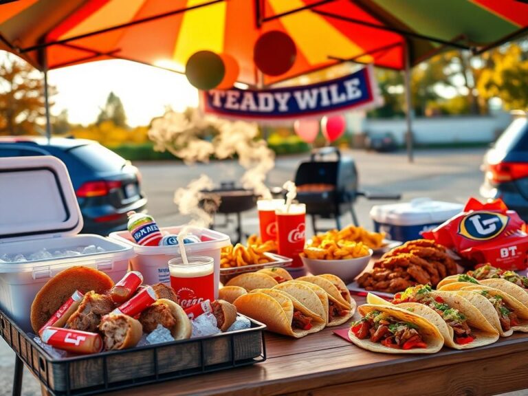 Flick International A vibrant college football tailgating scene with barbecue foods.