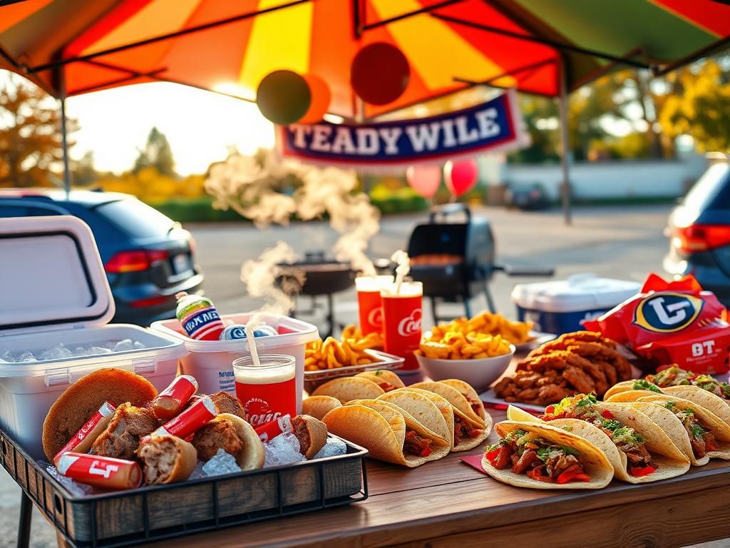 Flick International A vibrant college football tailgating scene with barbecue foods.