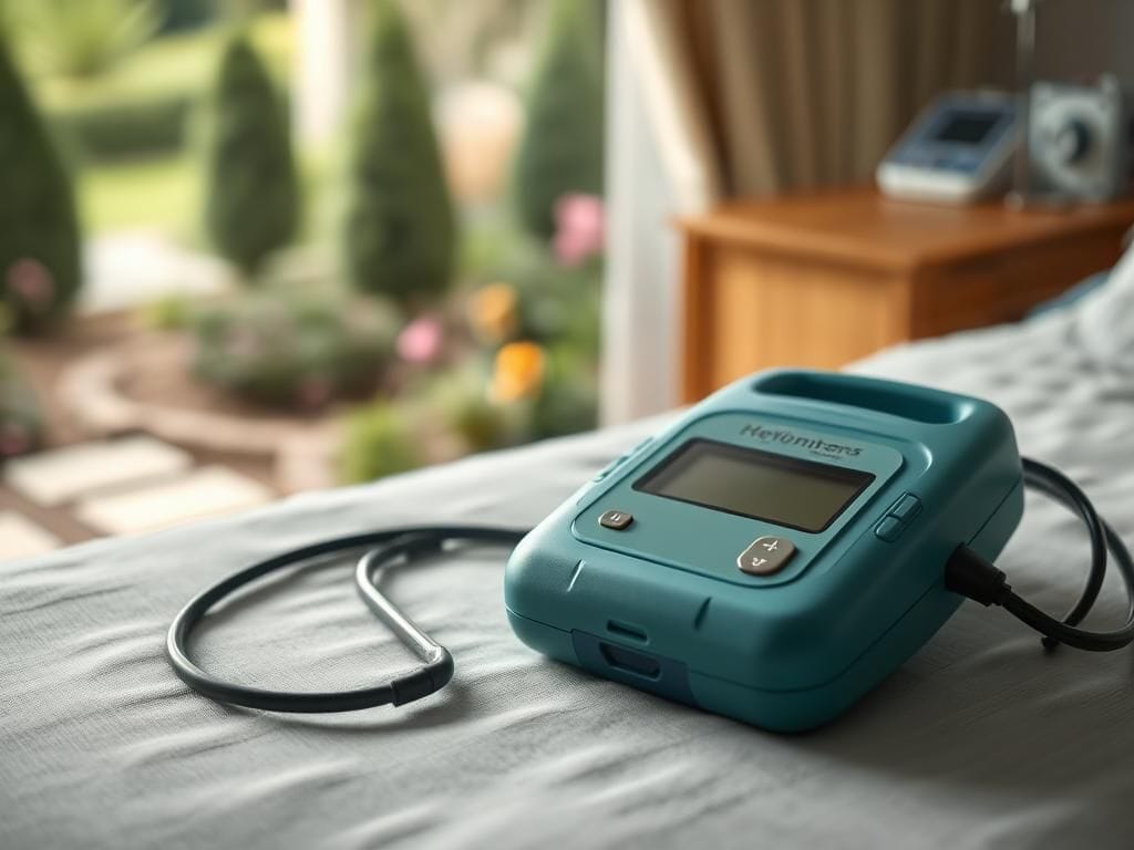 Flick International Close-up of a portable defibrillator on a wooden table