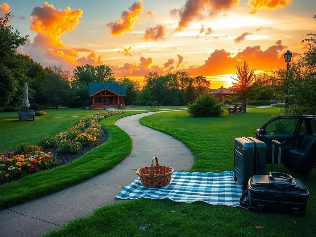 Flick International Serene park scene during sunset with an empty picnic blanket and luggage suggesting family gatherings