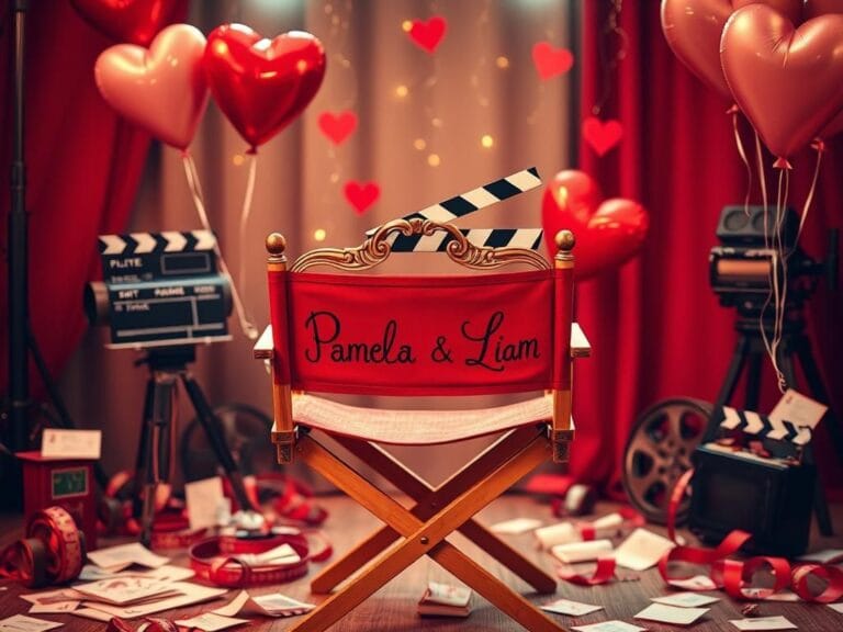 Flick International A whimsically designed vintage film set featuring a director's chair with the names 'Pamela' and 'Liam', surrounded by colorful film reels and love letters.