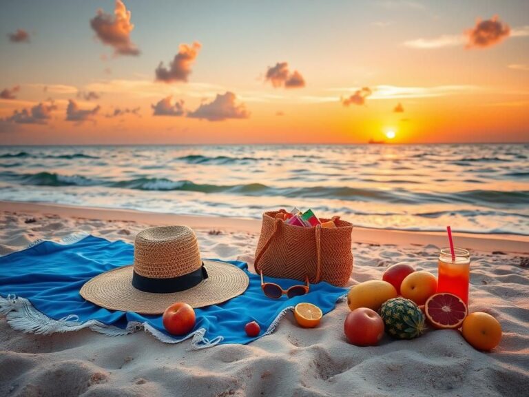 Flick International A serene beach scene at sunset with a vibrant blue beach towel and stylish sunhat.