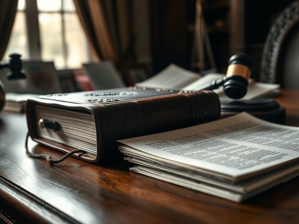 Flick International Close-up of a vintage leather-bound book on a wooden desk with legal documents nearby