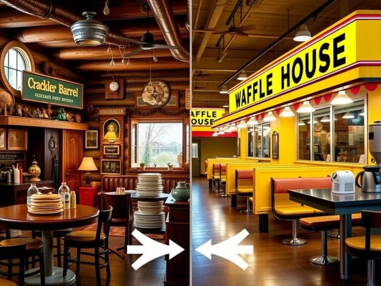 Flick International Cozy rustic interior of Cracker Barrel contrasting with the bright facade of Waffle House