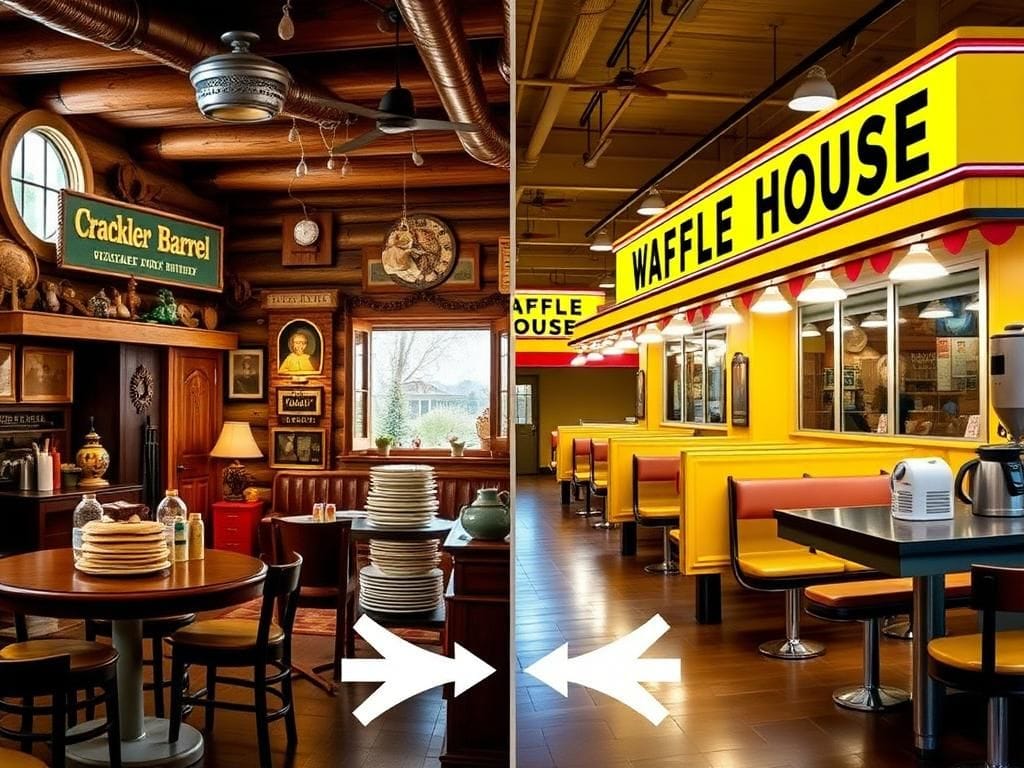 Flick International Cozy rustic interior of Cracker Barrel contrasting with the bright facade of Waffle House
